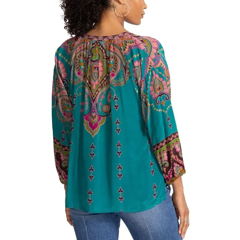 Johnny Was Teal Paisley Tie-Neck Blouse with Pink and Gold Accents - Picture 2 of 3